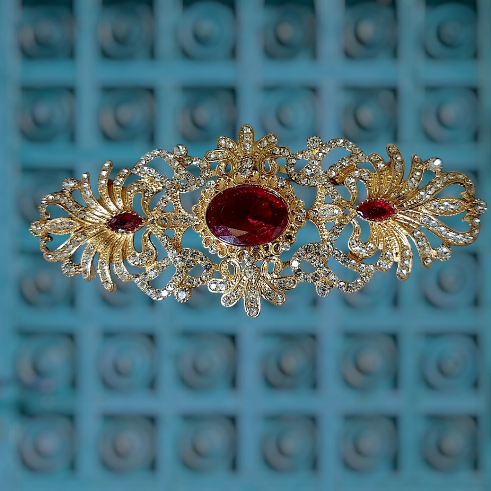 Red Rhinestone Bar Statement Brooch - image 1